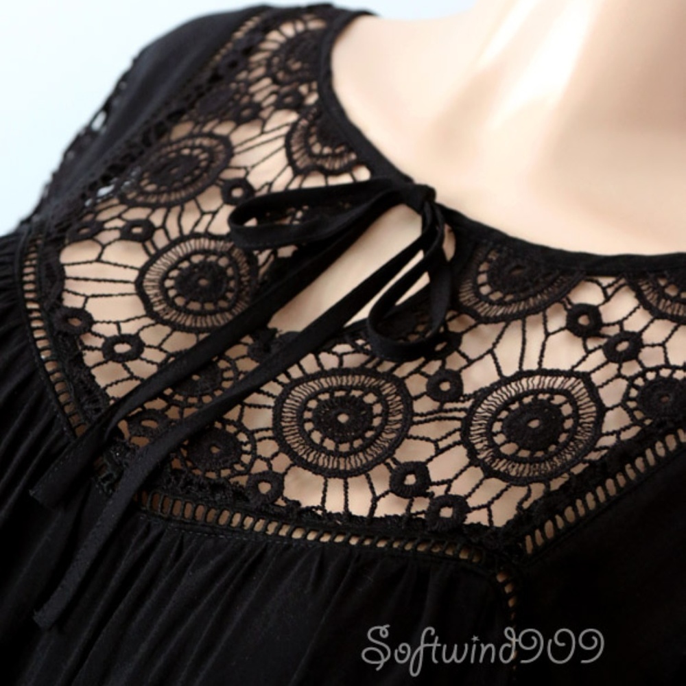 Last☝️Black Crochet Lace Boho Babydoll Swing Dress - Picture 2 of 8